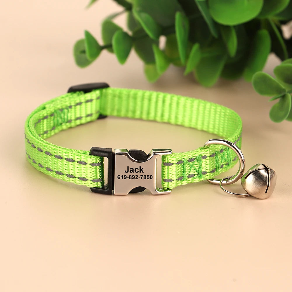 Reflective Personalized Nylon Dog & Cat Collar with Custom Engraved ID Tag & Bell – Adjustable Safety Collar for Small & Medium Pets