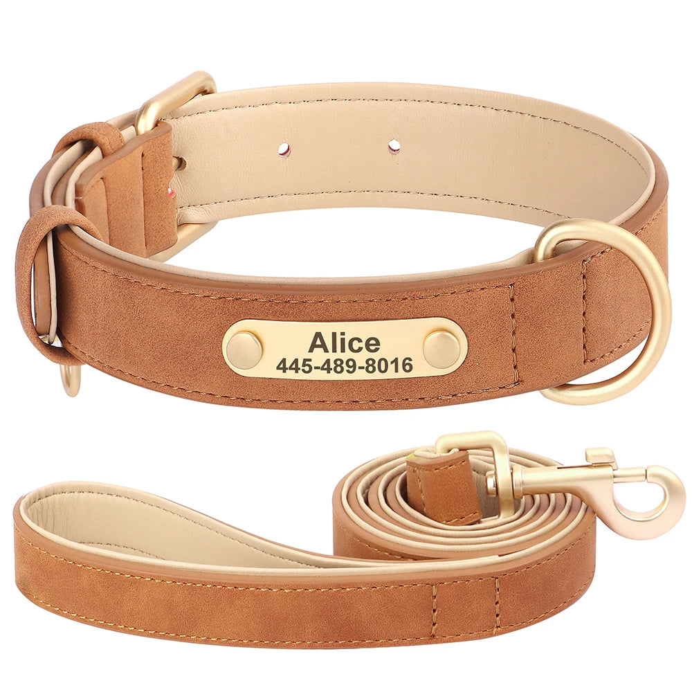 Custom PU Leather Dog Collar & Leash Set – Personalized Engraved Nameplate ID Tag for Small & Medium Dogs