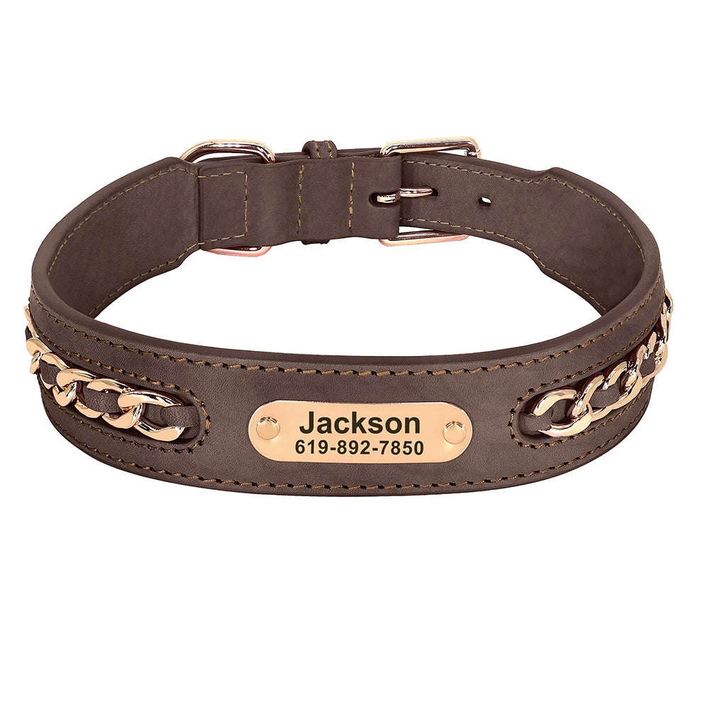 Personalized Leather Dog Collar – Custom Engraved Nameplate ID Tag for Small, Medium & Large Dogs