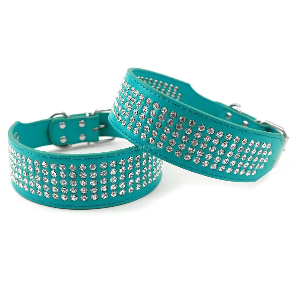 2" Width 5 Rows Rhinestone Dog Puppy Pet Collars – Bling Leather Diamante Collar XS–XL