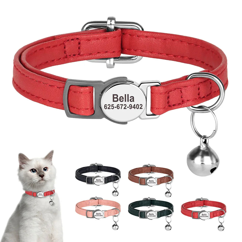 Personalized Cat Collar – PU Leather Adjustable Kitten & Puppy Collar with Engraved ID Nameplate & Bell, Anti-Lost Pet Collar