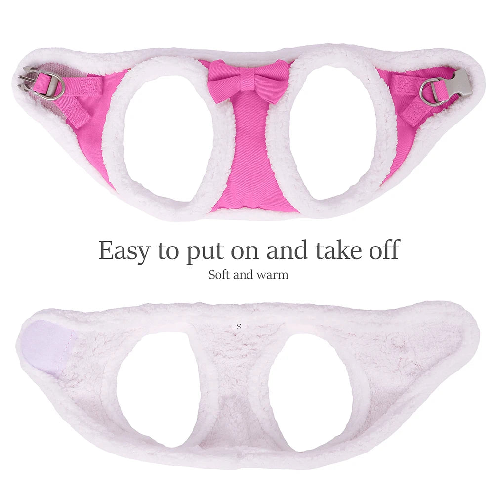 Winter Warm Dog Harness Leash Set – Soft Fleece Pet Vest with Bowtie for Small & Medium Dogs