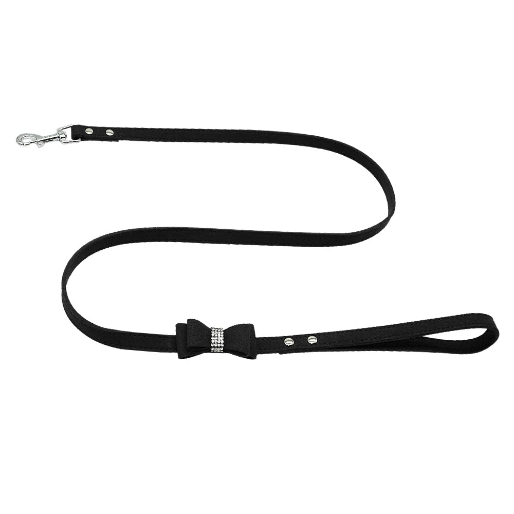 Suede Leather Dog Leash with Rhinestone Bowknot – Stylish Walking Lead for Small & Medium Dogs (Black, Red, Blue, Pink)
