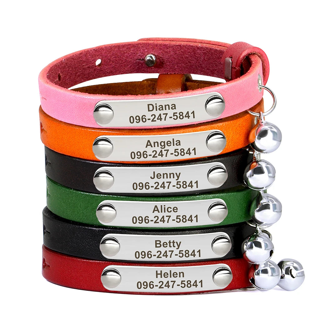 Personalized Leather Cat Collar – Adjustable Kitten & Puppy Collar with Free Engraved ID Tag
