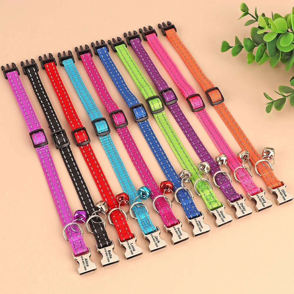 Reflective Personalized Nylon Dog & Cat Collar with Custom Engraved ID Tag & Bell – Adjustable Safety Collar for Small & Medium Pets