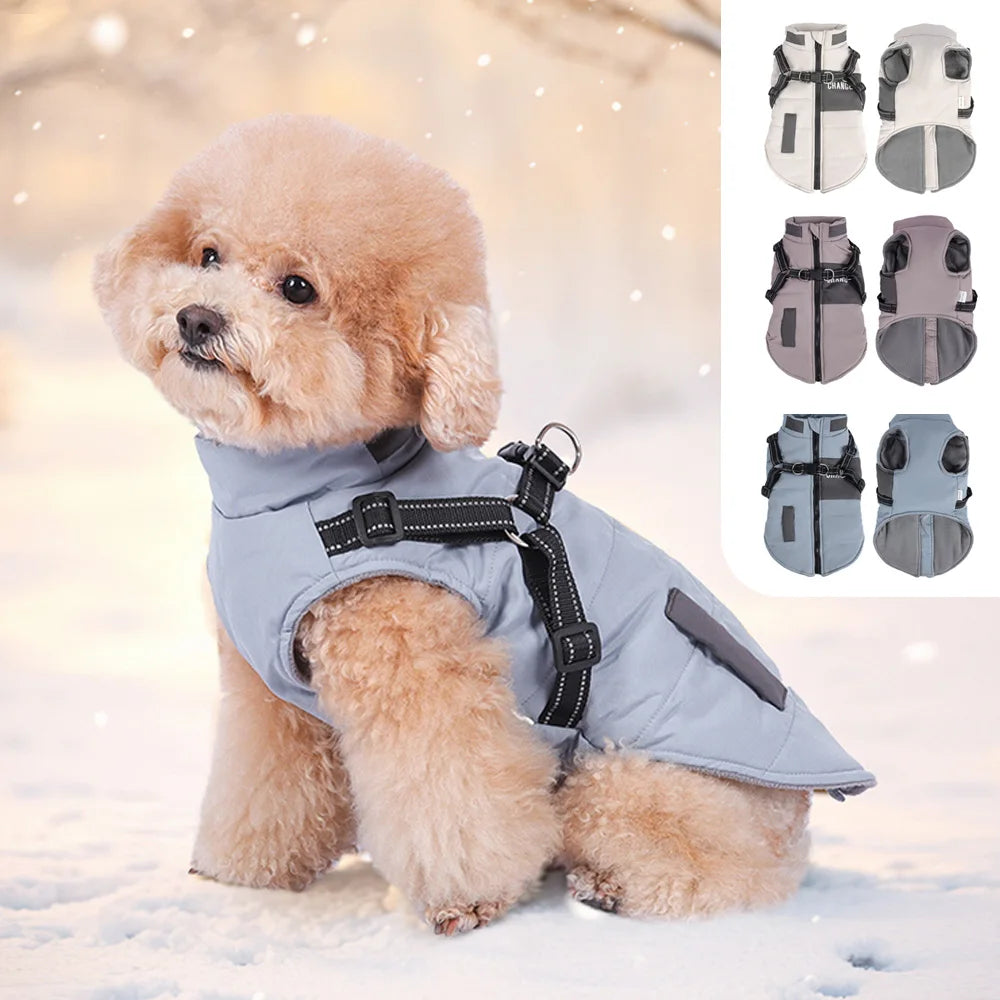 Waterproof Winter Dog Jacket with Built-In Harness & Reflective Belt