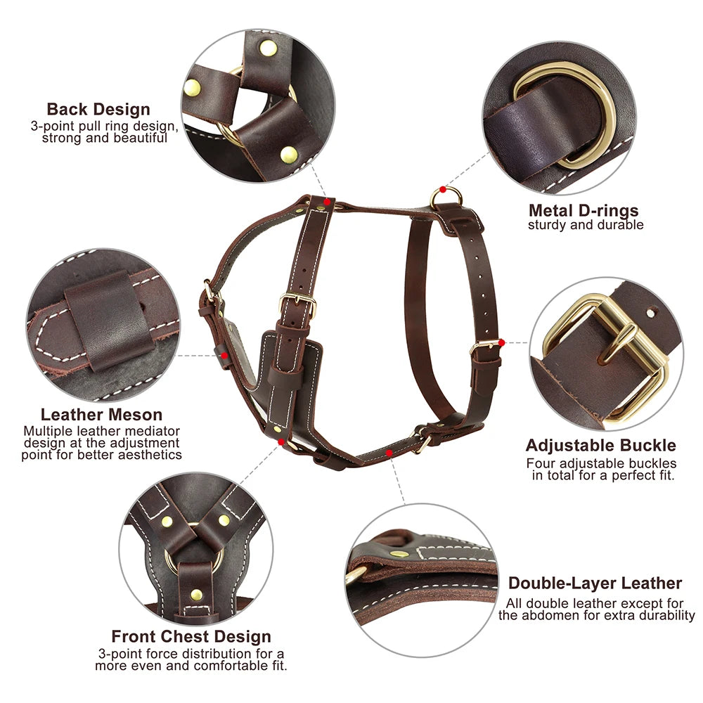 Durable Large Dog Harness Genuine Leather Dog Vest Harnesses Adjustable Quick Control With Handle Pet Supplies For Labrador
