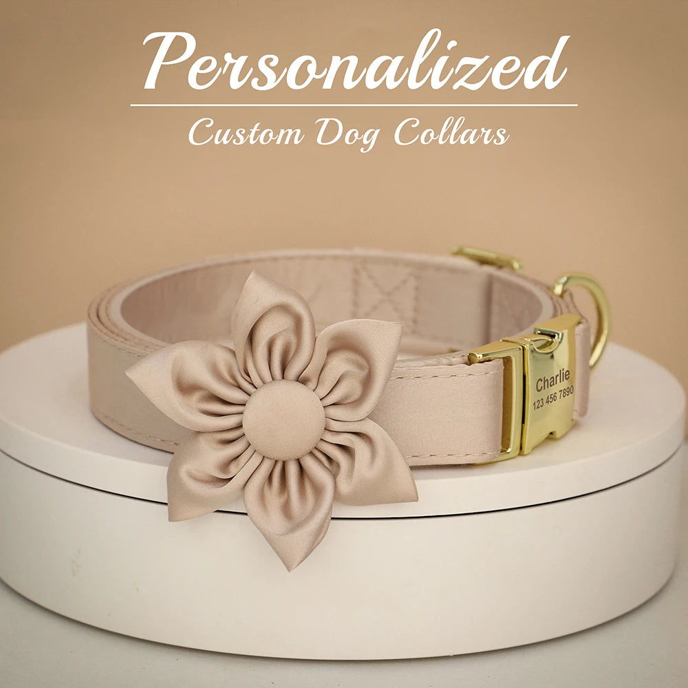 Personalized Silk Dog Collar with Bowtie & Flower – Custom Engraved ID Tag | Adjustable Wedding Collar for Small, Medium & Large Dogs