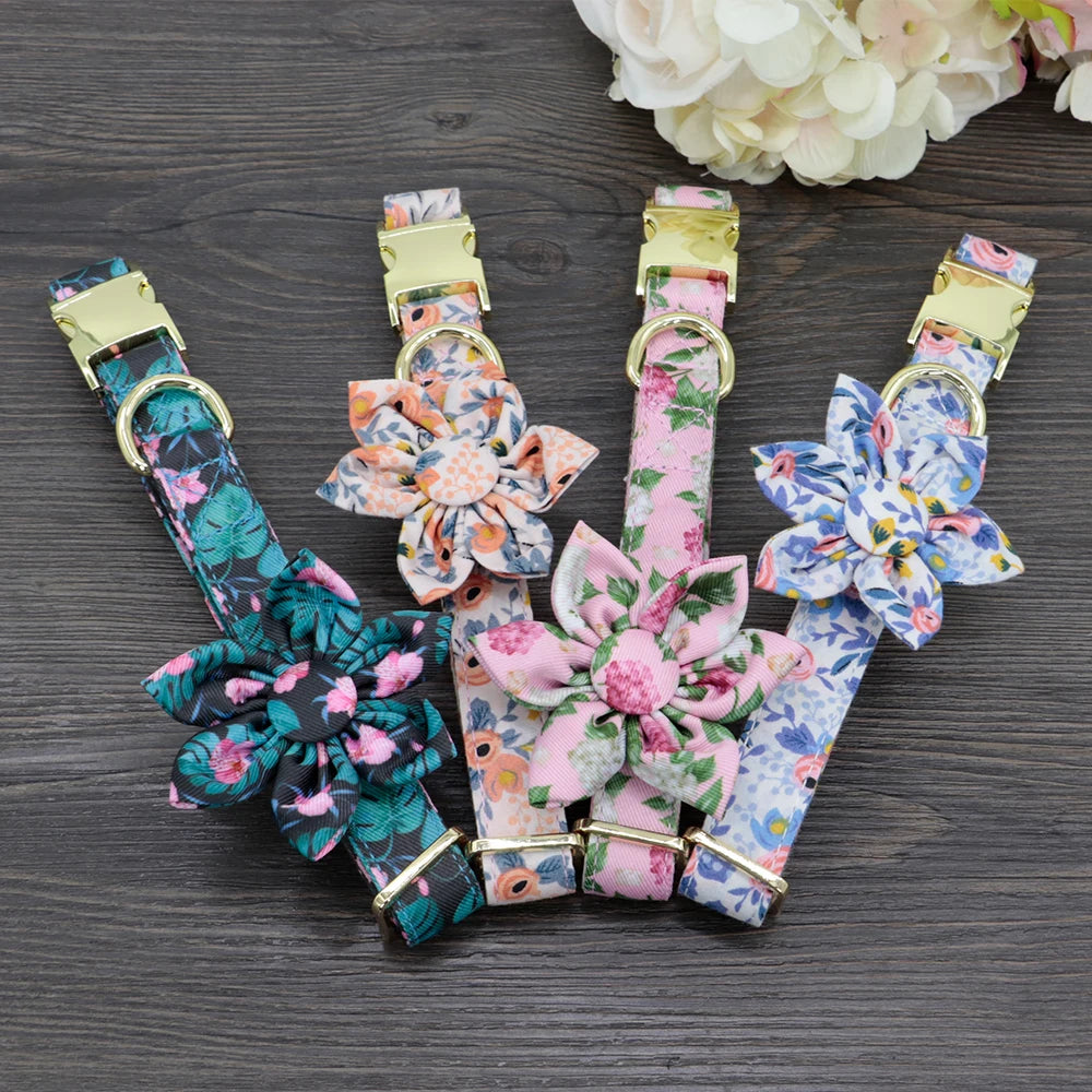 Personalized Dog Collar with Flower Print – Custom Engraved Nameplate | Adjustable Nylon Pet ID Collar for Small, Medium & Large Dogs