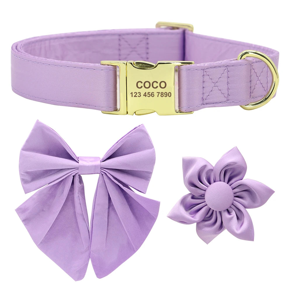 Personalized Silk Dog Collar with Bowtie & Flower – Custom Engraved ID Tag | Adjustable Wedding Collar for Small, Medium & Large Dogs