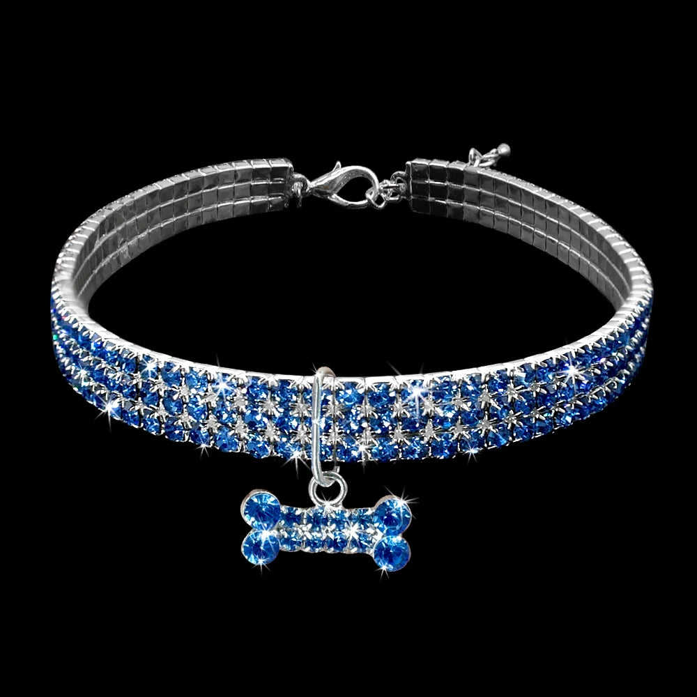 Bling Rhinestone Dog Collar with Crystal Bone Pendant – Adjustable Jewelry Necklace for Small & Medium Dogs (S/M/L, Pink/Blue/White)