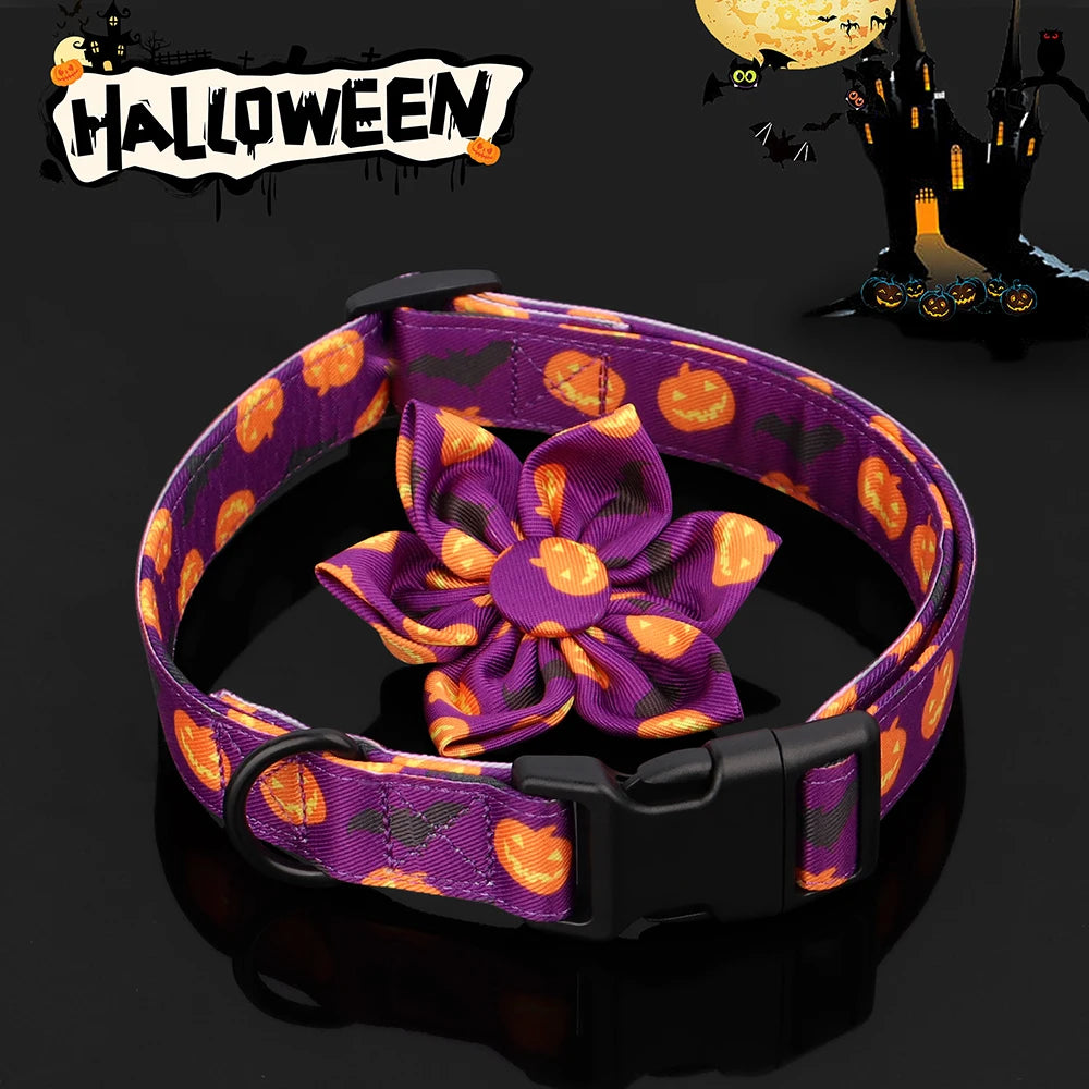 Halloween Nylon Dog Collar with Flower – Adjustable Pumpkin Pet Collar for Small Medium Large Dogs