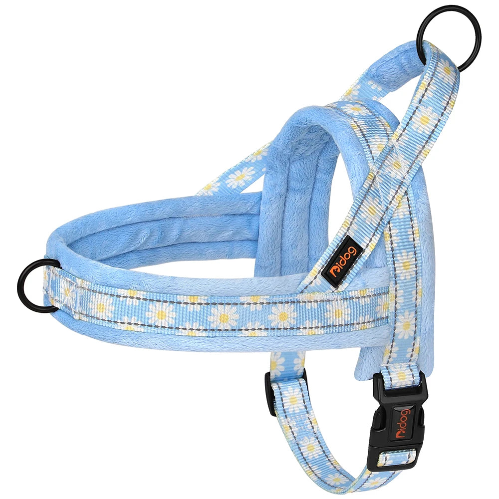 Winter Dog Harness No Pull Reflective Pet Dogs Vest Harness Warm Fur Padded Strap Harness for Medium Large Dogs Flower Print