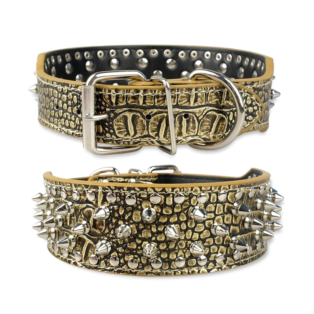 Spiked Studded Leather Dog Collar – Adjustable Anti-Bite Bulldog Collar for Small, Medium & Large Dogs