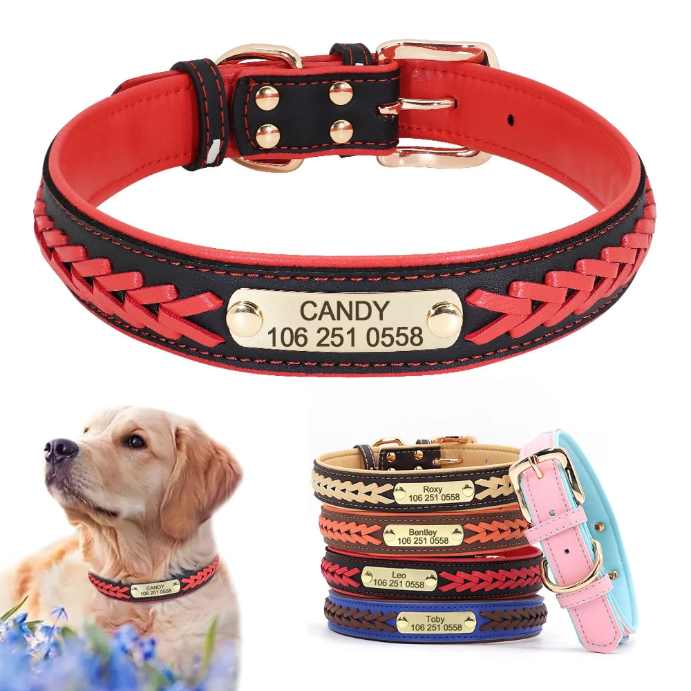 Personalized Leather Dog Collar with Engraved Nameplate – Adjustable Anti-Lost ID Tag for Small, Medium & Large Dogs