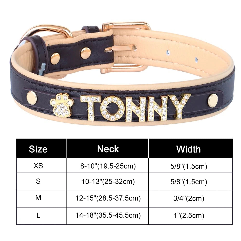 Bling Personalized Dog & Cat Collar – PU Leather Puppy Chihuahua Necklace with DIY Rhinestone Name & Free Charms