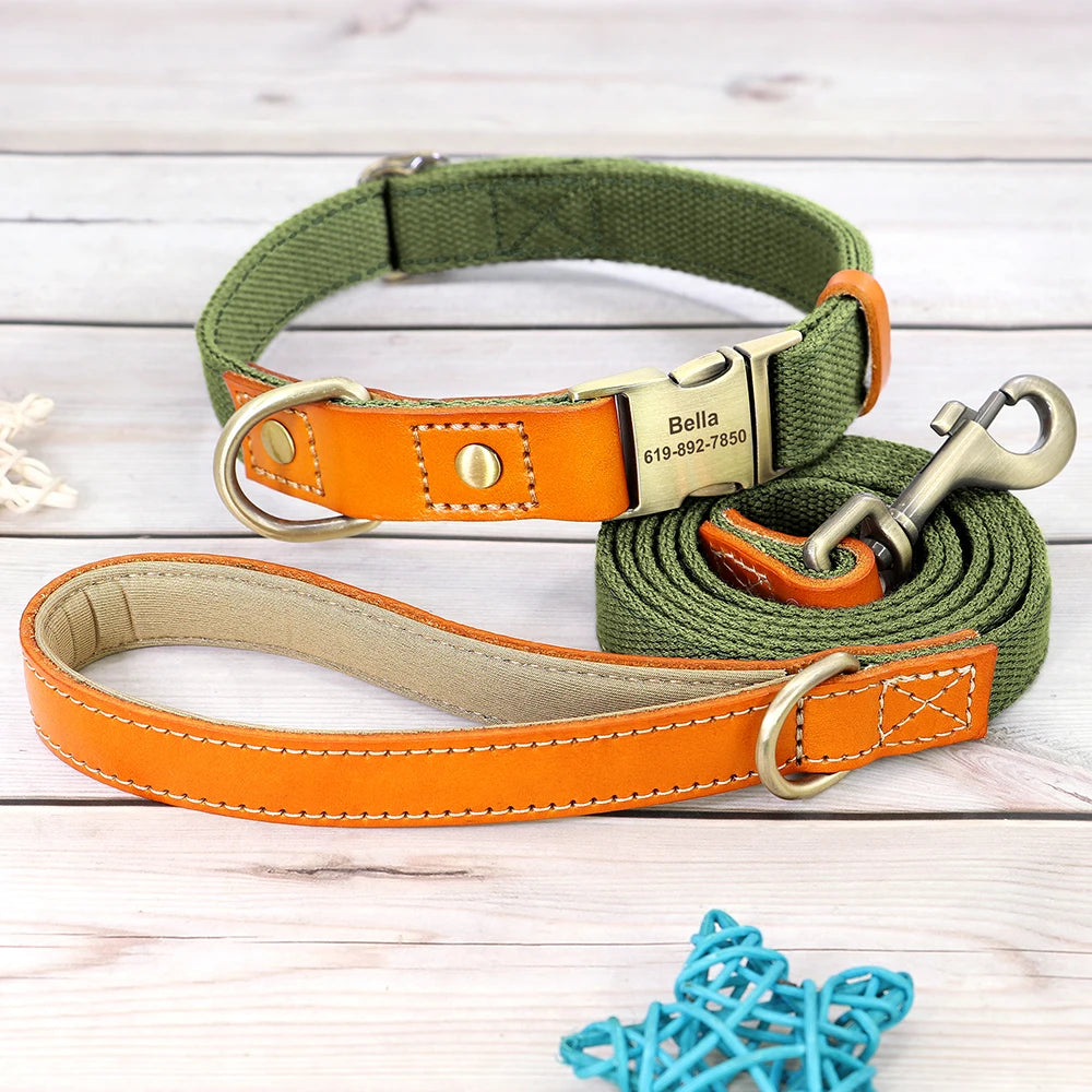 Nylon Custom Dog Collar & Leash Set – Personalized with Leather Nameplate
