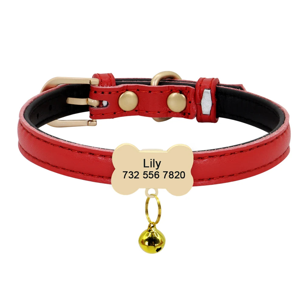 Personalized Leather Cat Collar – Custom Engraved Nameplate with Bell – Adjustable for Kittens, Cats & Small Dogs