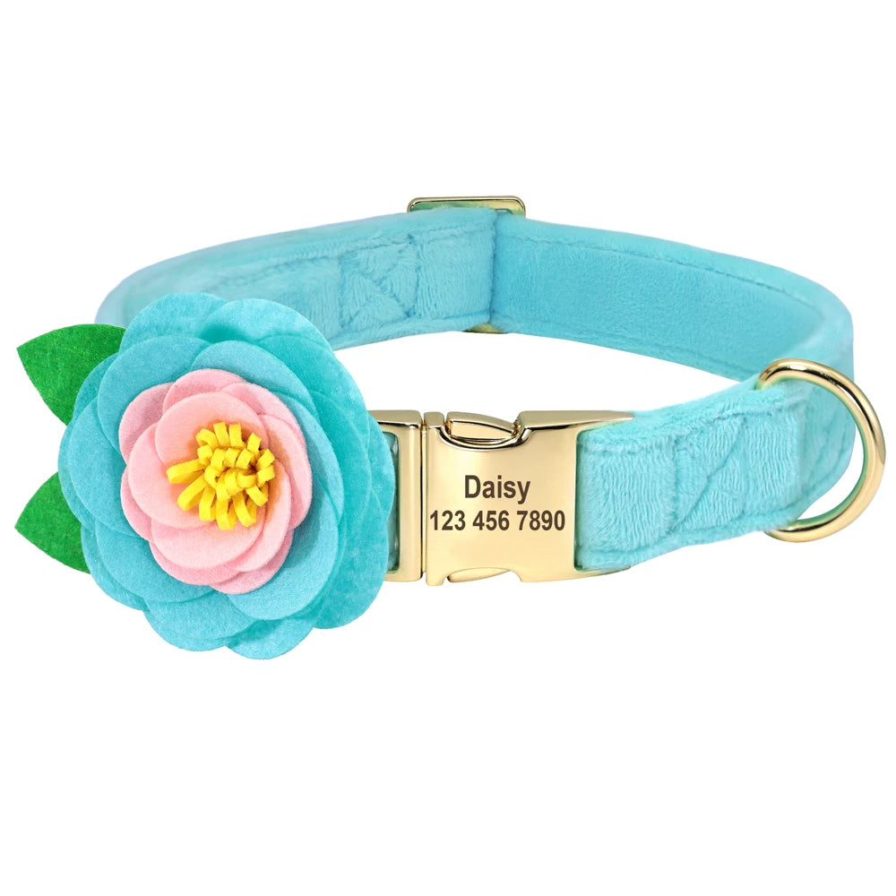 Personalized Floral Dog Collar – Custom Engraved Buckle with Cute Flower Accessory for Dogs & Cats