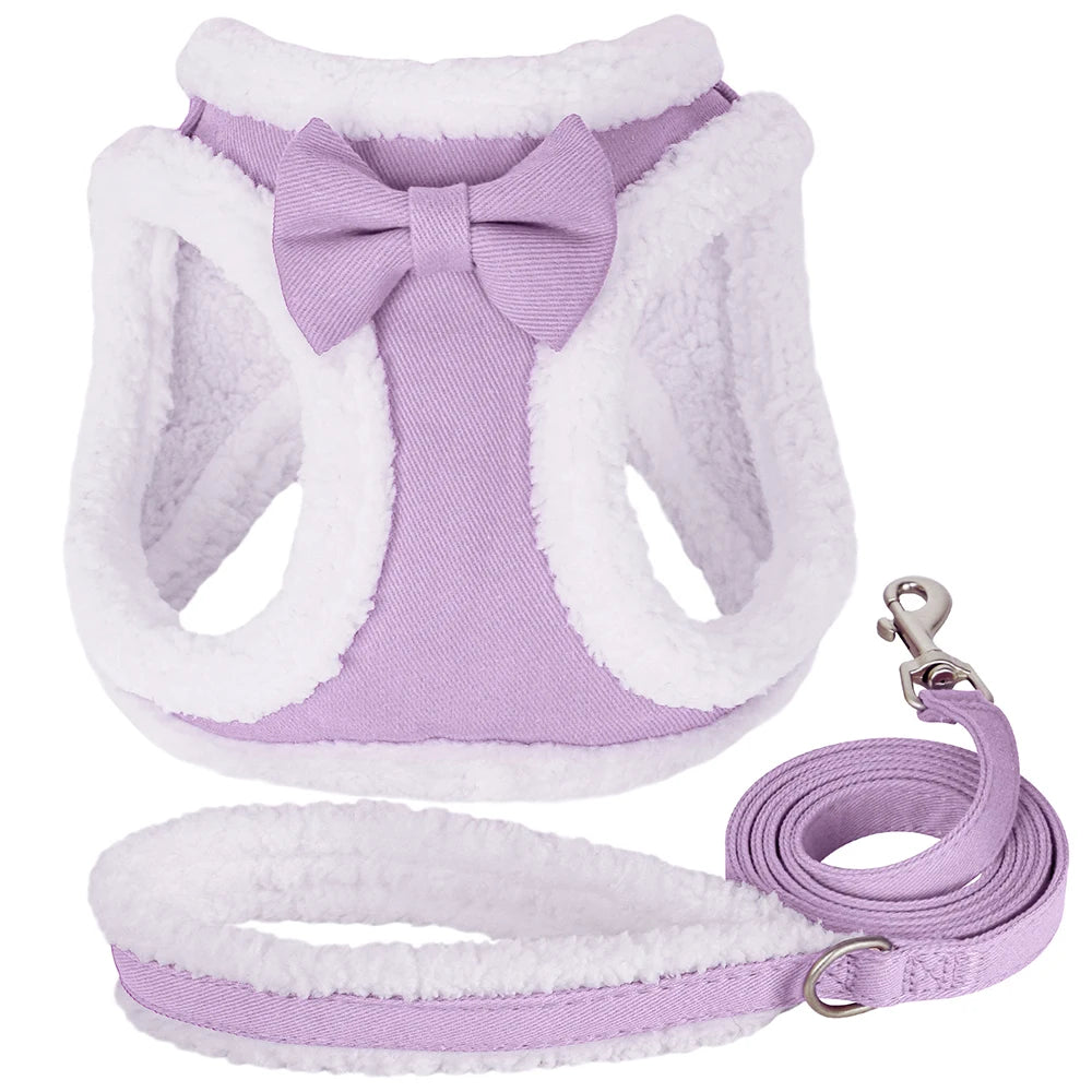 Winter Warm Dog Harness Leash Set – Soft Fleece Pet Vest with Bowtie for Small & Medium Dogs