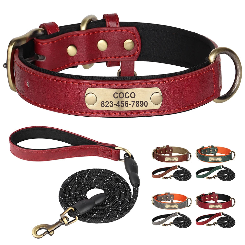 ✨ Personalized Dog Collar & Leash Set – Custom Engraved PU Leather for Small to Large Dogs (Pitbull-Friendly!)