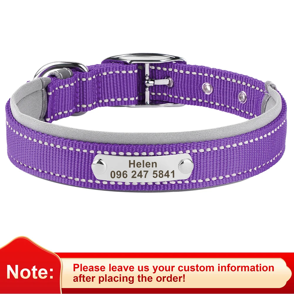 Personalized Reflective Nylon Dog Collar – Custom Engraved ID Tag for Small, Medium & Large Dogs