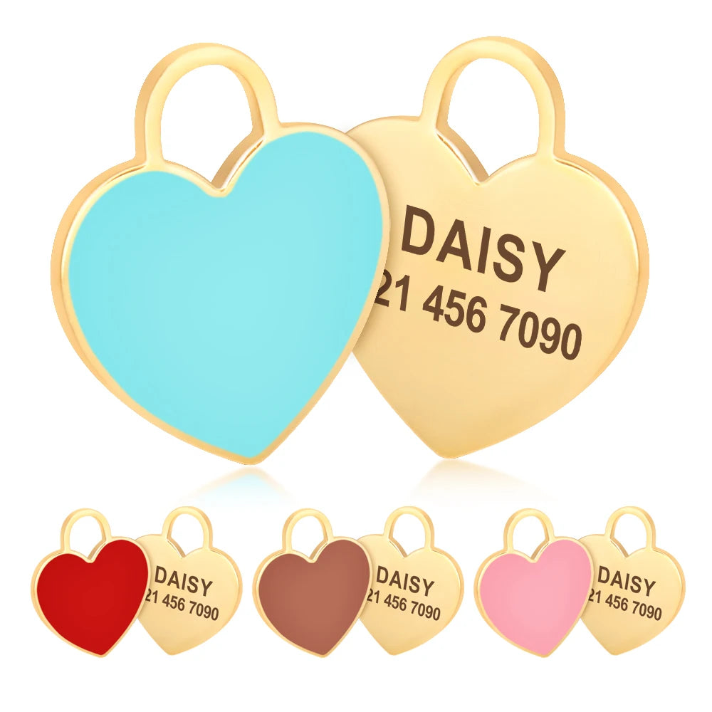 Personalized Heart Dog & Cat ID Tag – Custom Engraved Pet Name Charm