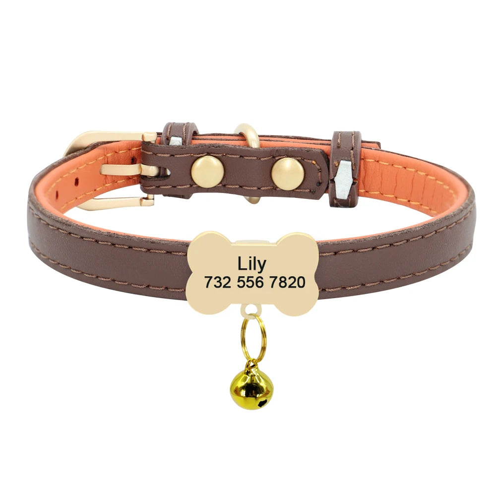 Personalized Leather Cat Collar – Custom Engraved Nameplate with Bell – Adjustable for Kittens, Cats & Small Dogs