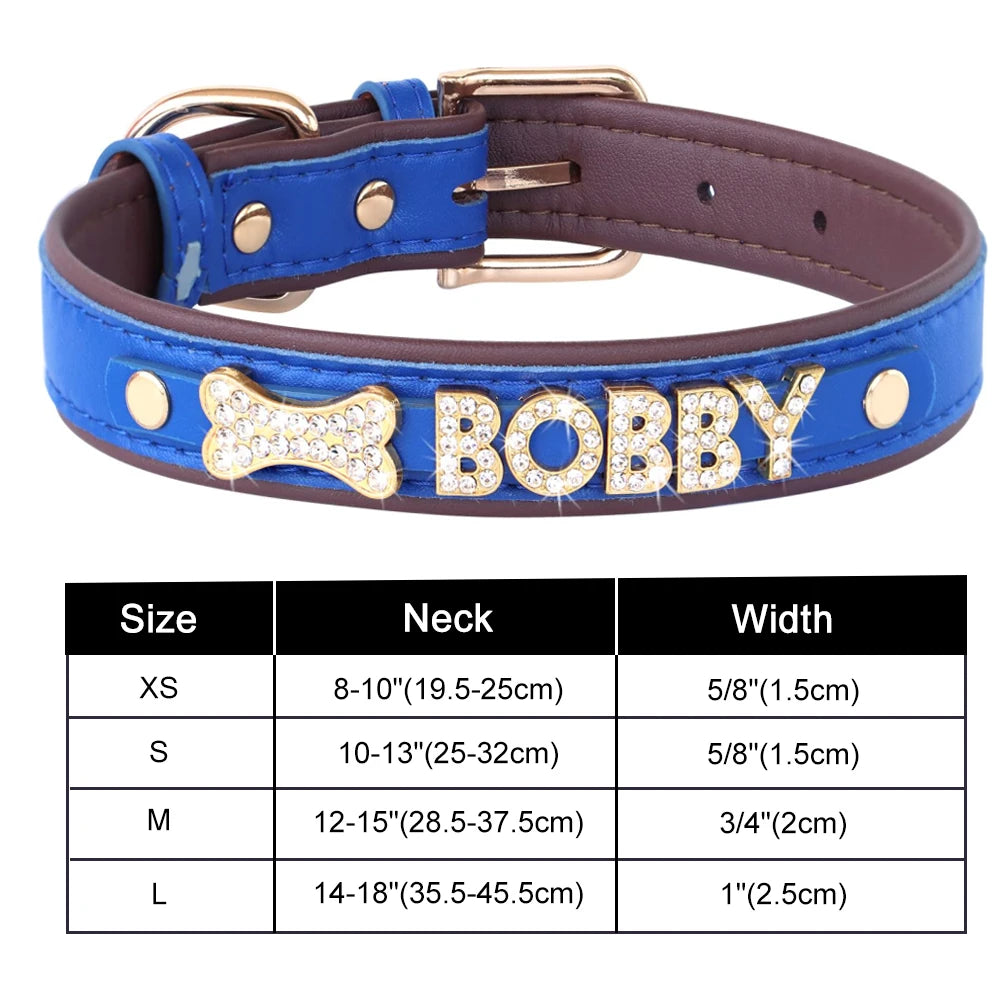 Bling Personalized Dog & Cat Collar – PU Leather Puppy Chihuahua Necklace with DIY Rhinestone Name & Free Charms