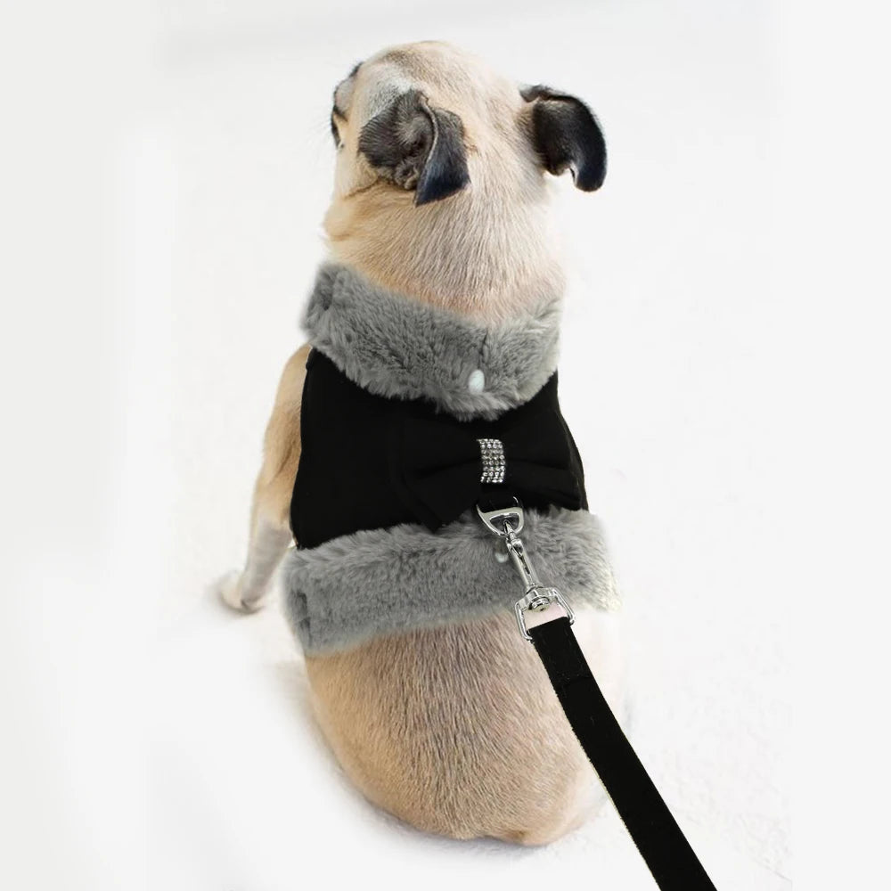 Warm Fur Dog Harness and Leash Set Rhinestone Bowknot Pet Vest Winter Pets Puppy Clothes Vest Small Dog Clothing French Bulldog