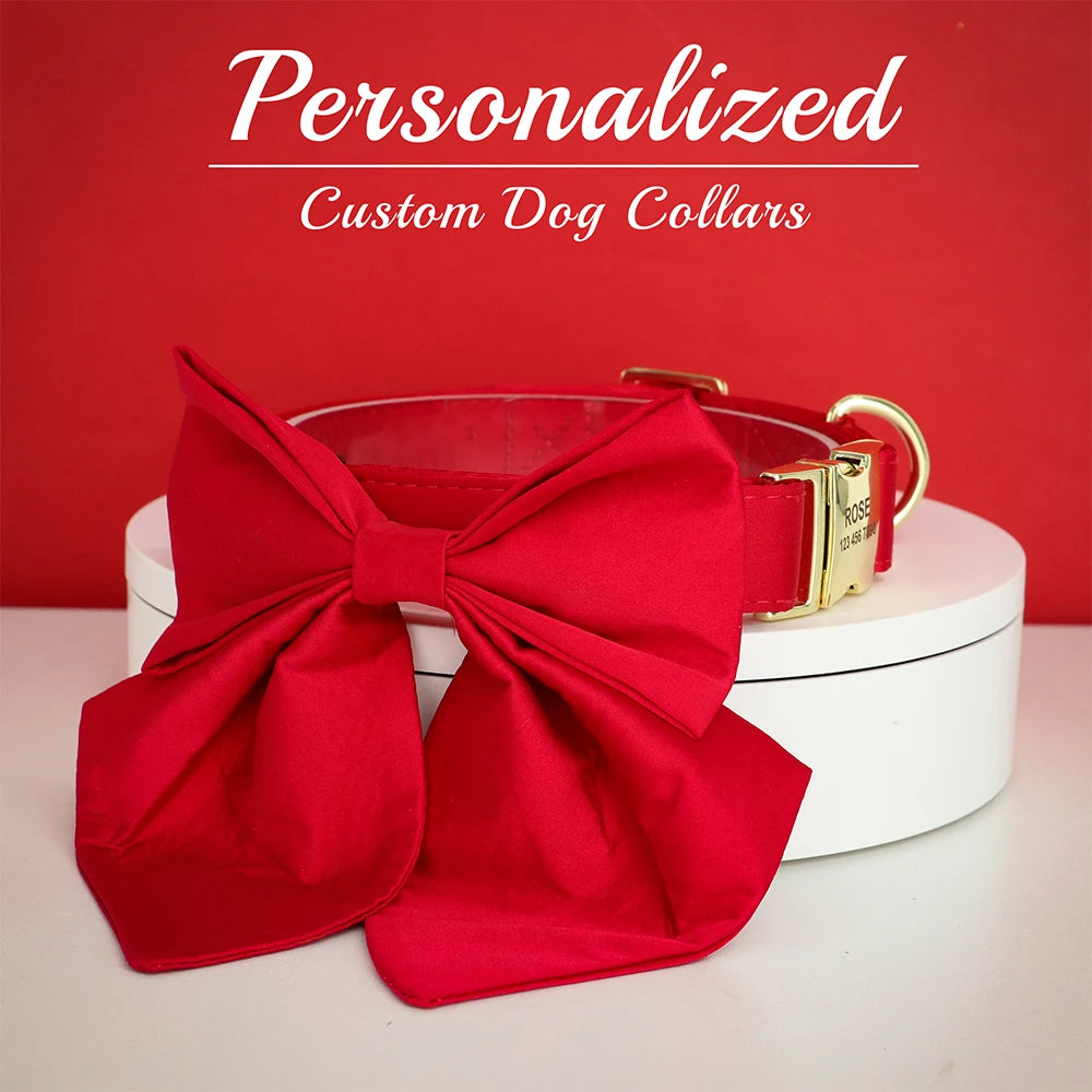 Personalized Silk Dog Collar with Bowtie & Flower – Custom Engraved ID Tag | Adjustable Wedding Collar for Small, Medium & Large Dogs