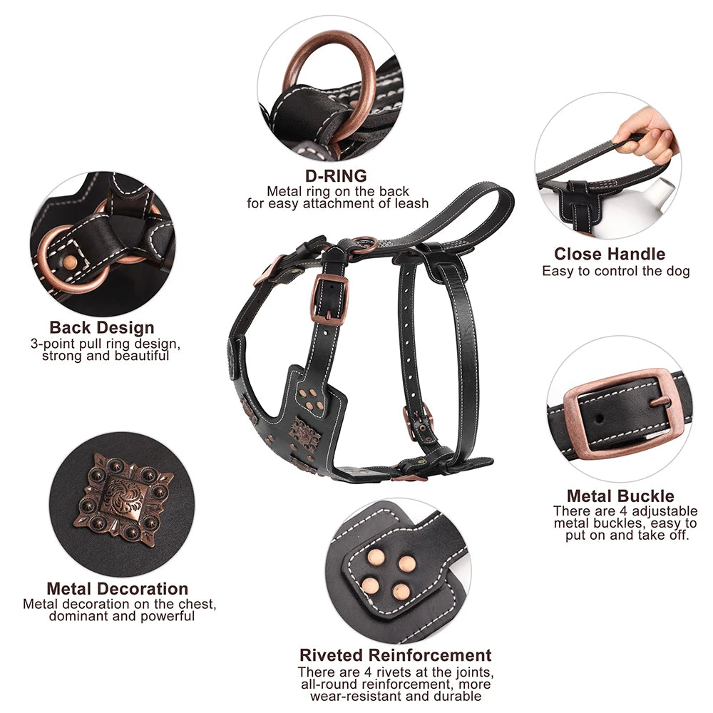 Real Leather Large Dog Harness – Durable Genuine Leather Dog Vest with Handle for German Shepherd, Pitbull, Bulldog & Big Dogs