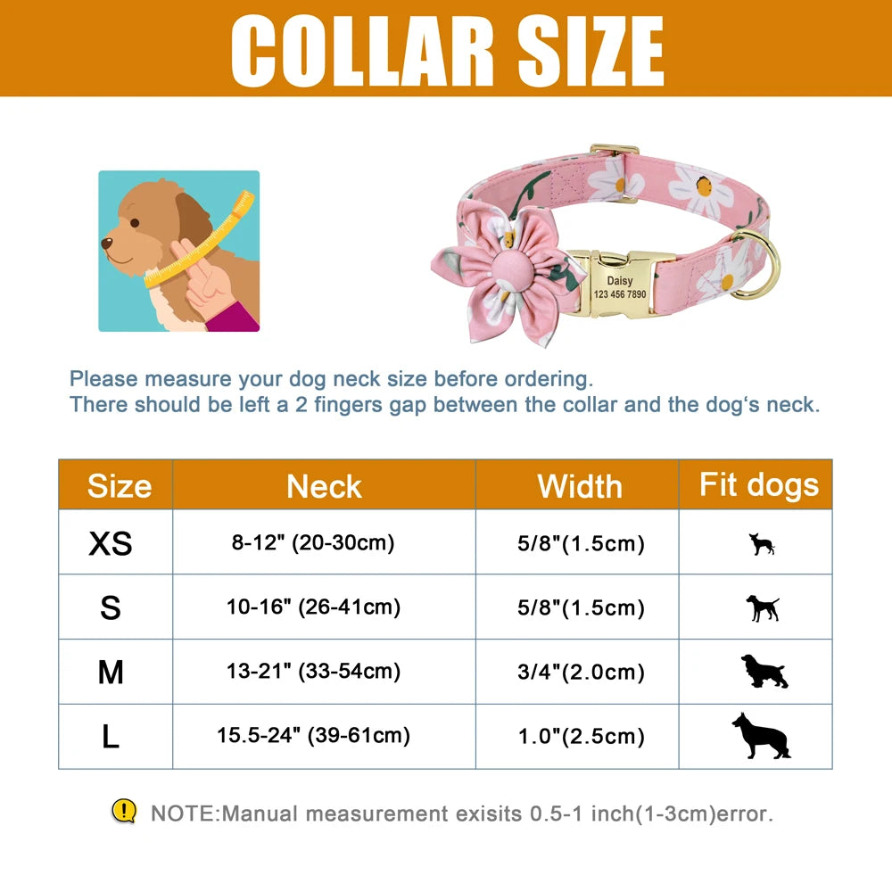 Personalized Dog Collar with Flower Print – Custom Engraved Nameplate | Adjustable Nylon Pet ID Collar for Small, Medium & Large Dogs