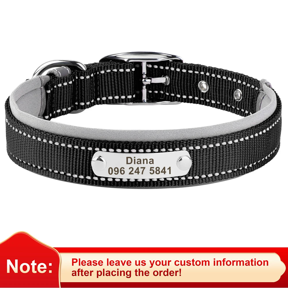 Personalized Reflective Nylon Dog Collar – Custom Engraved ID Tag for Small, Medium & Large Dogs