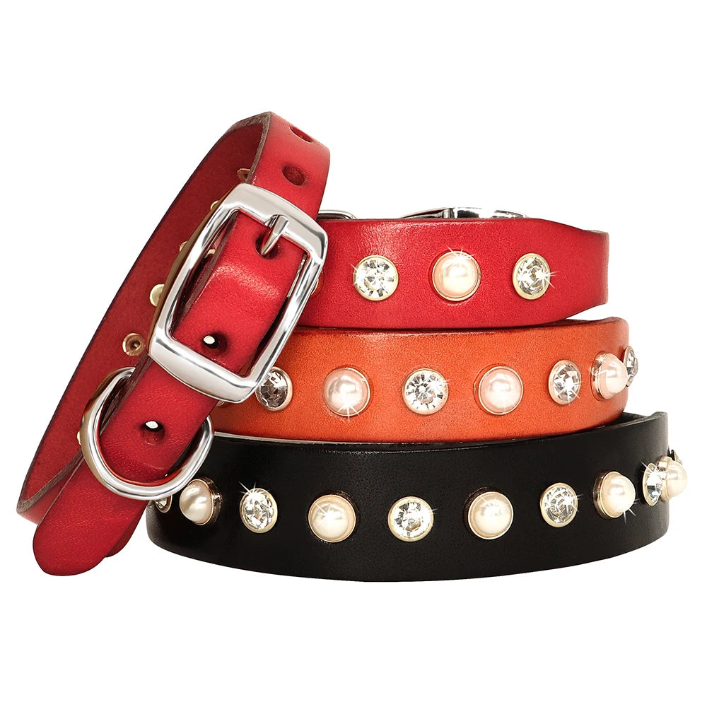 Genuine Leather Bling Collar & Leash Set – For Small & Medium Pets