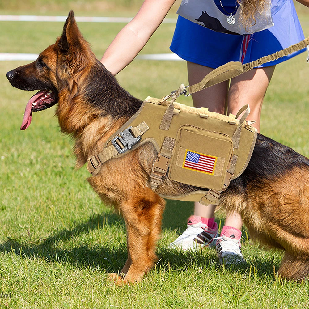 Tactical Military Dog Harness, Collar & Leash Set – Durable MOLLE Training Vest with Pouches & Flag for Large Dogs