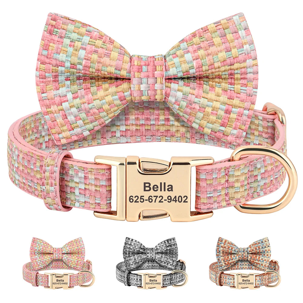 Custom Plaid Leather Dog Collar with Bow – Personalized Nameplate | Free Engraving | Small to Large Dogs