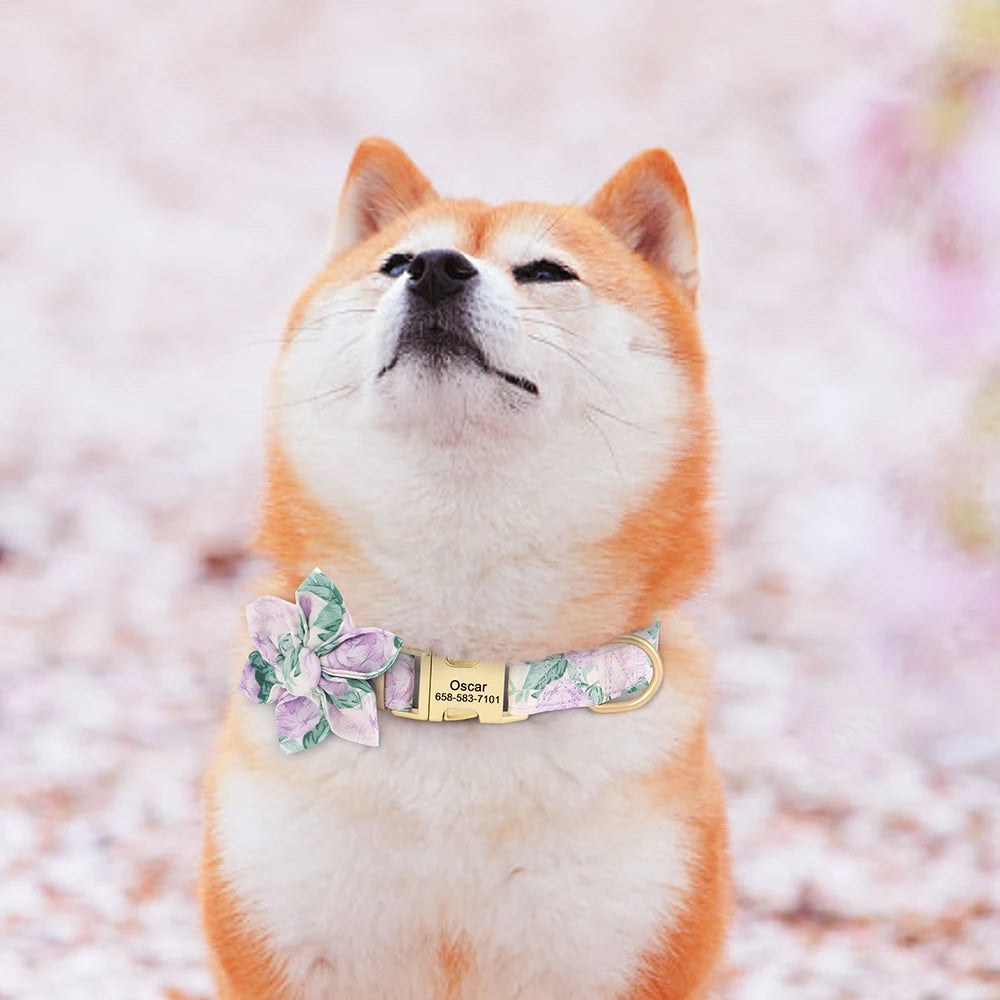 🌸 Personalized Floral Nylon Dog Collar with Free Engraving – Adjustable for Small, Medium, Large Dogs