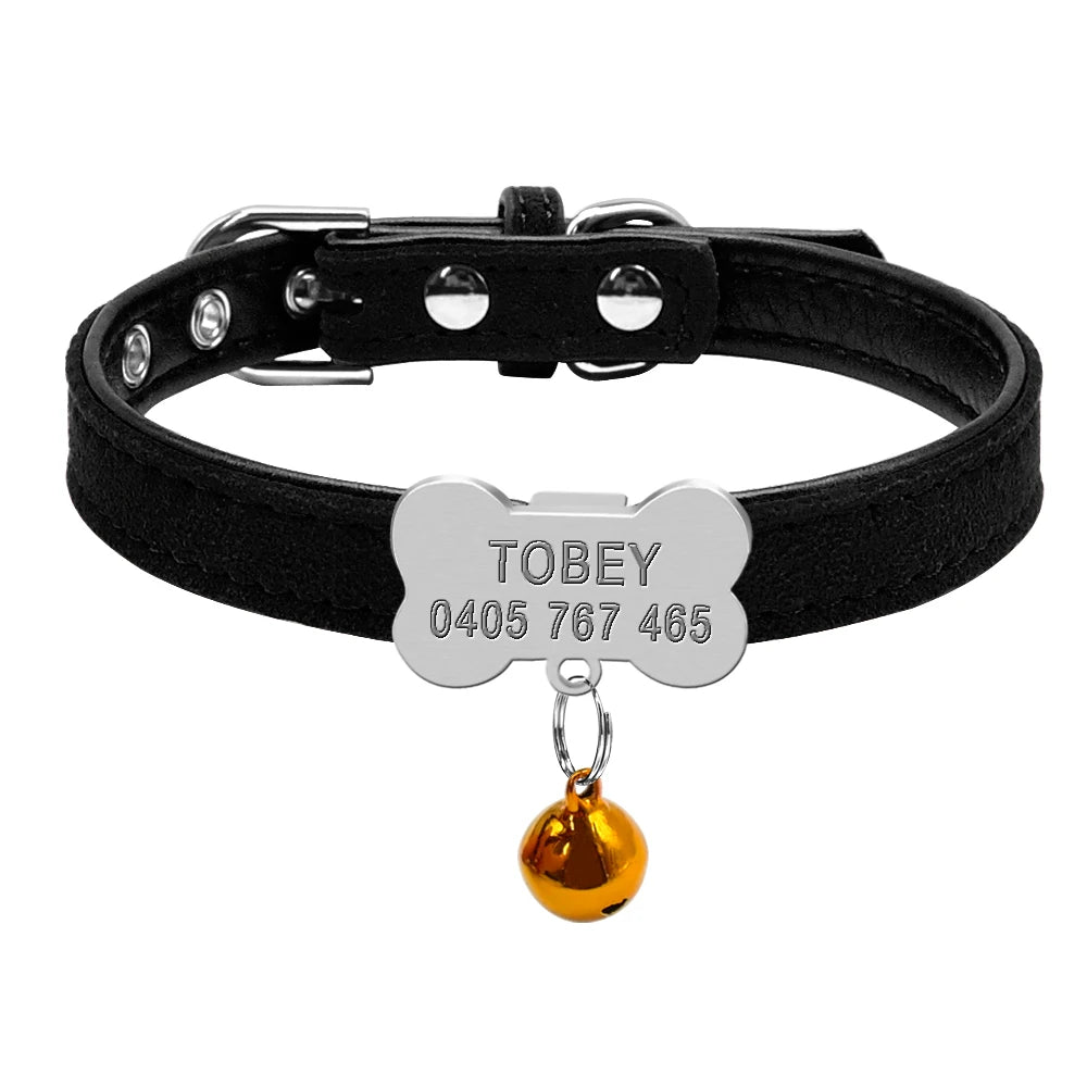 Personalized Leather Cat Collar – Custom Engraved Nameplate with Bell – Adjustable for Kittens, Cats & Small Dogs