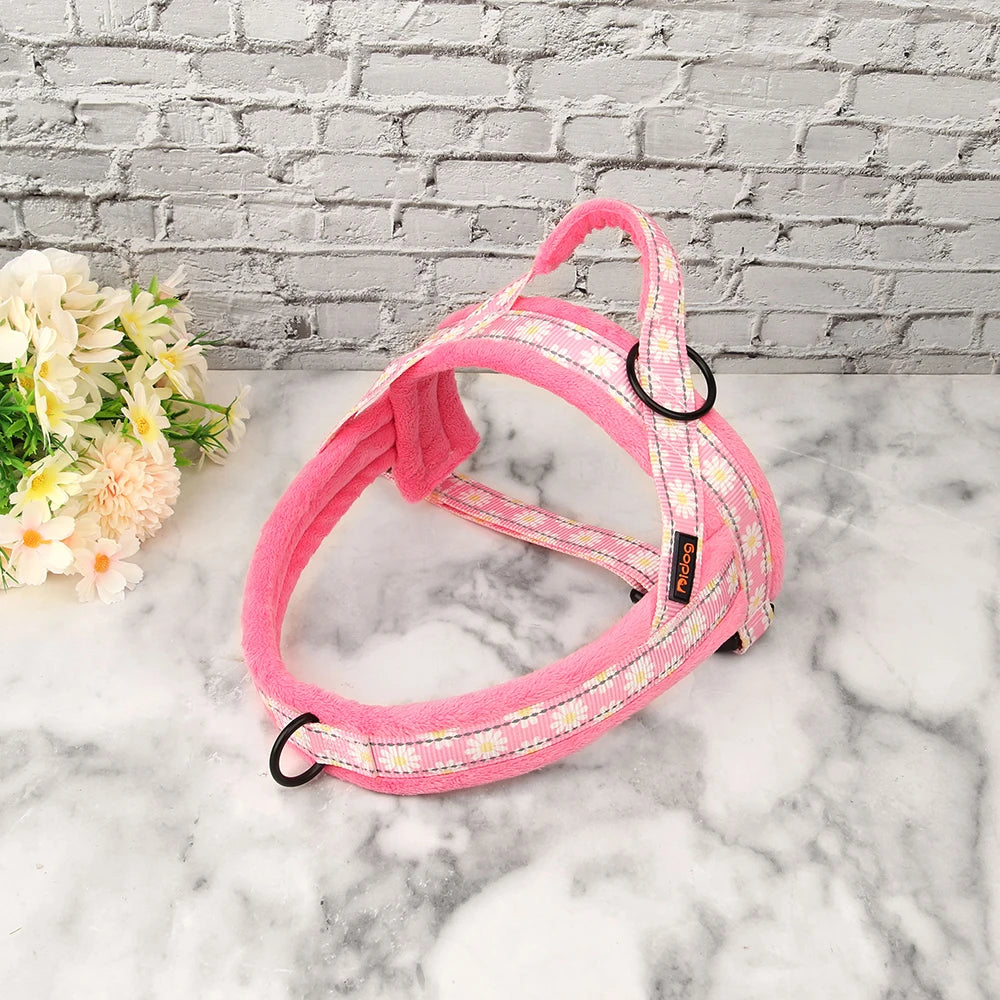 Winter Dog Harness No Pull Reflective Pet Dogs Vest Harness Warm Fur Padded Strap Harness for Medium Large Dogs Flower Print