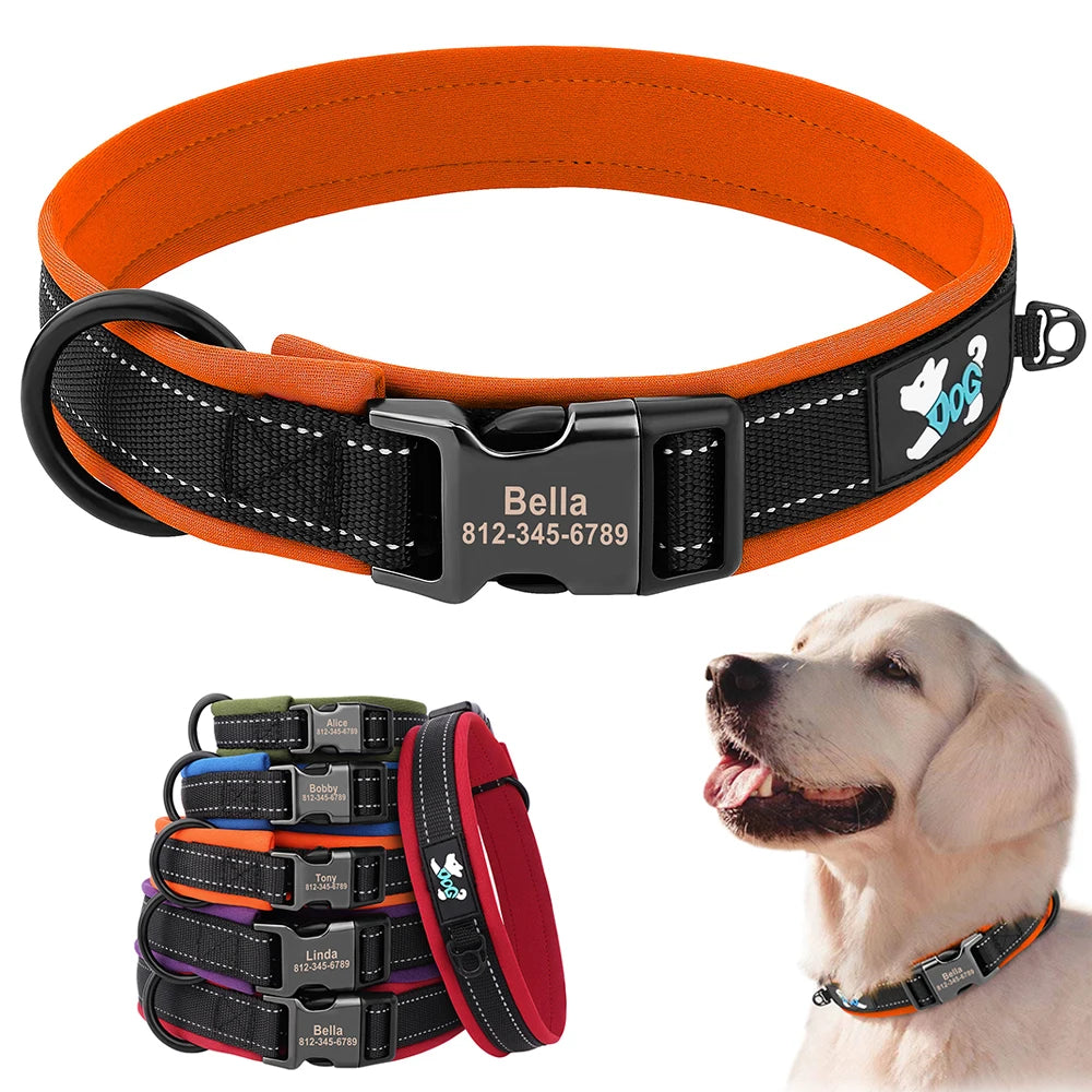 Adjustable Dog Collar - Personalized Reflective Padded Collar with Free Engraved ID Tag for Small, Medium & Large Dogs (Pitbull, Pug & More)