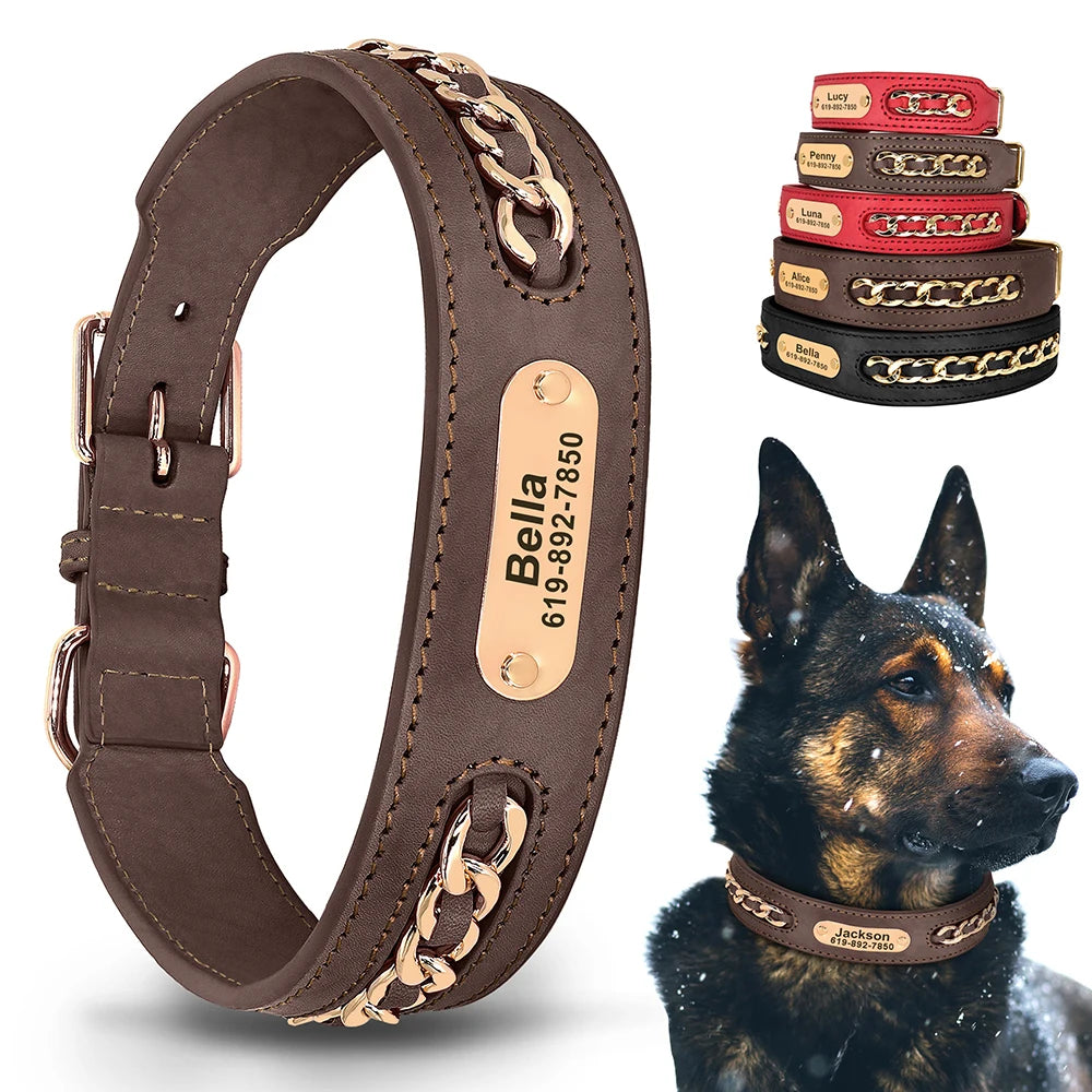 Custom Leather Dog Collar with Personalized Nameplate – Stylish & Durable ID Tag for Small to Large Dogs