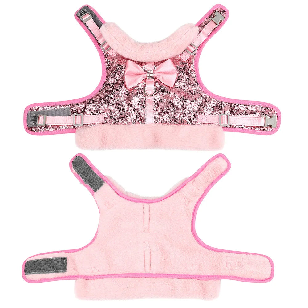 Warm Winter Dog Harness – Bling Rhinestone Fur Vest with Bowtie for Small & Medium Dogs and Cats