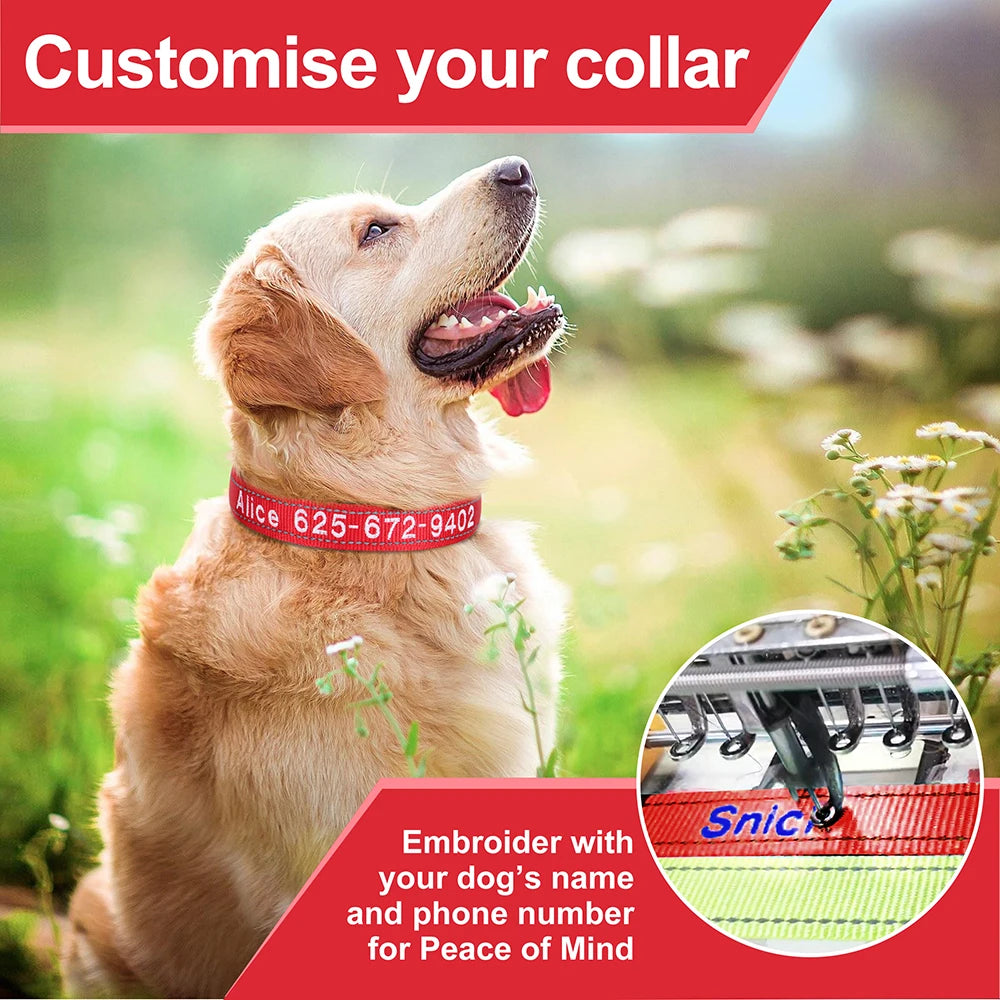 🦴 Custom Embroidered Reflective Dog Collar – Personalized Pet ID Name Nylon Collar for Small, Medium & Large Dogs