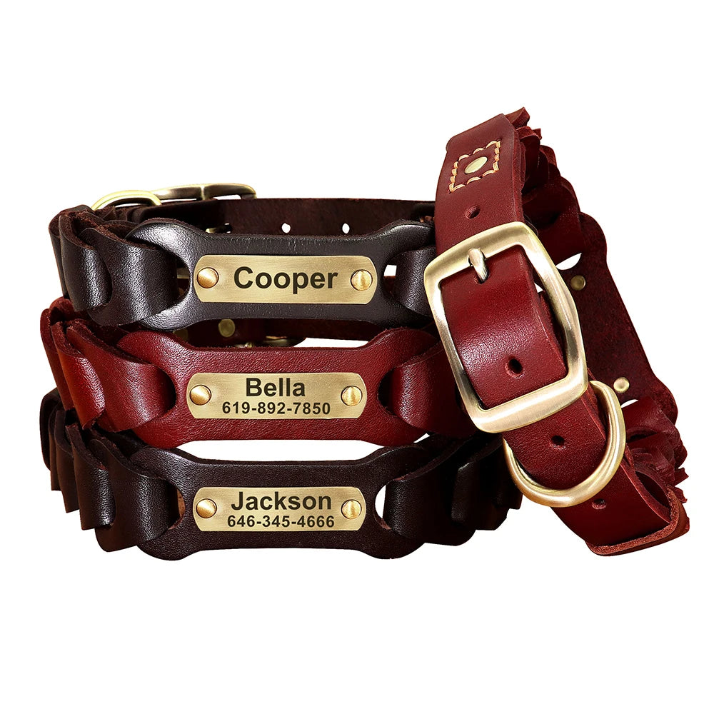 Custom Engraved Leather Dog Collar – Personalized Nameplate for Medium & Large Dogs