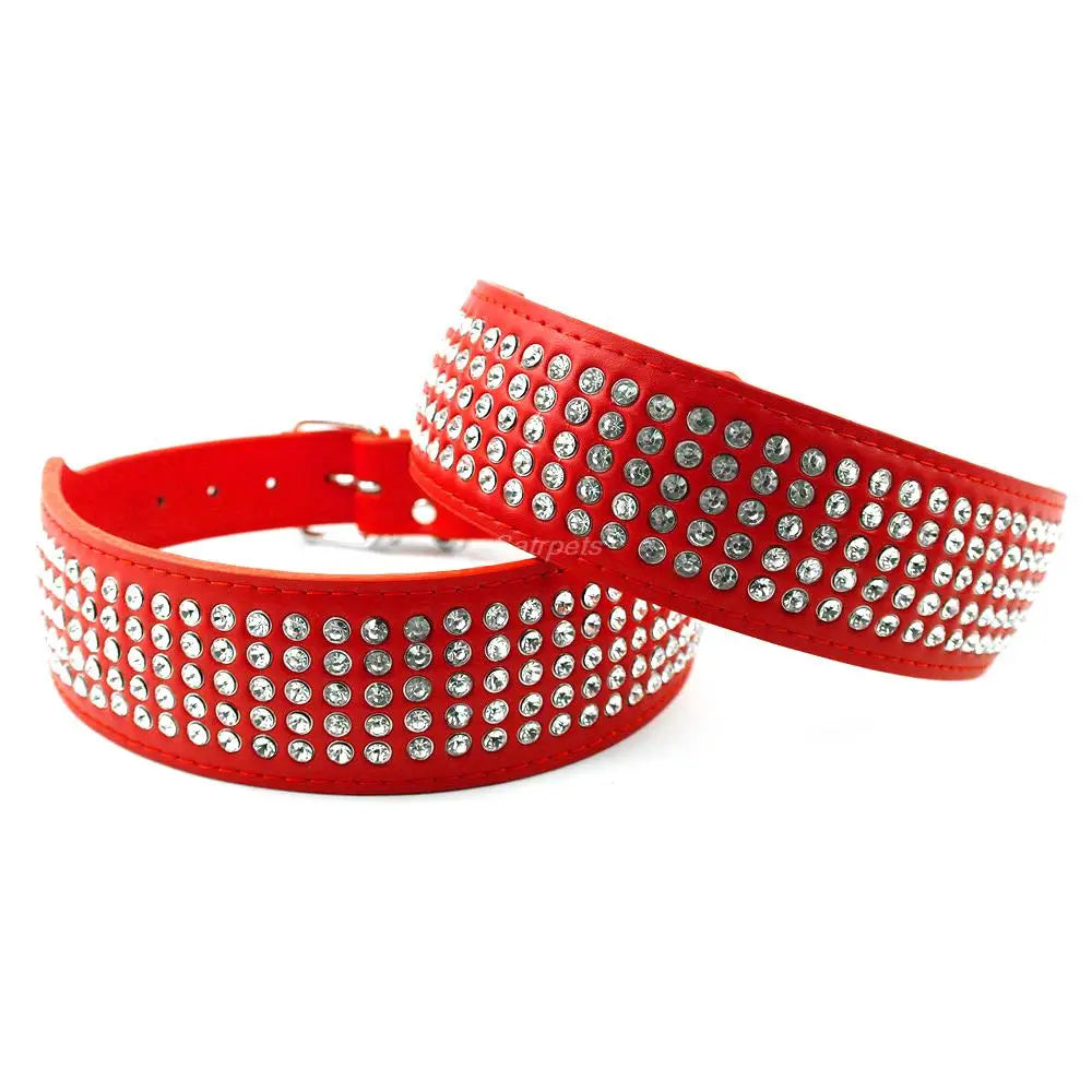 2" Width 5 Rows Rhinestone Dog Puppy Pet Collars – Bling Leather Diamante Collar XS–XL