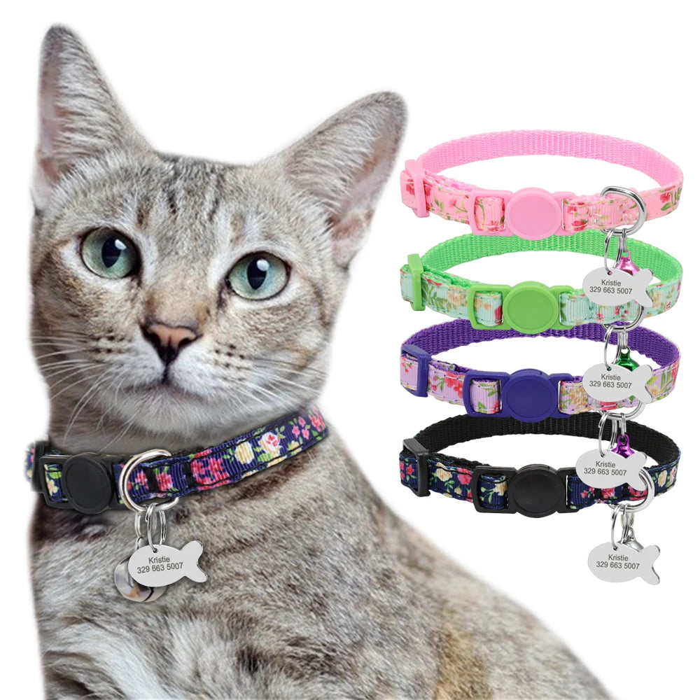 Personalized Cat Collar with Engraved Fish Tag – Adjustable Nylon Collar for Cats & Small Dogs