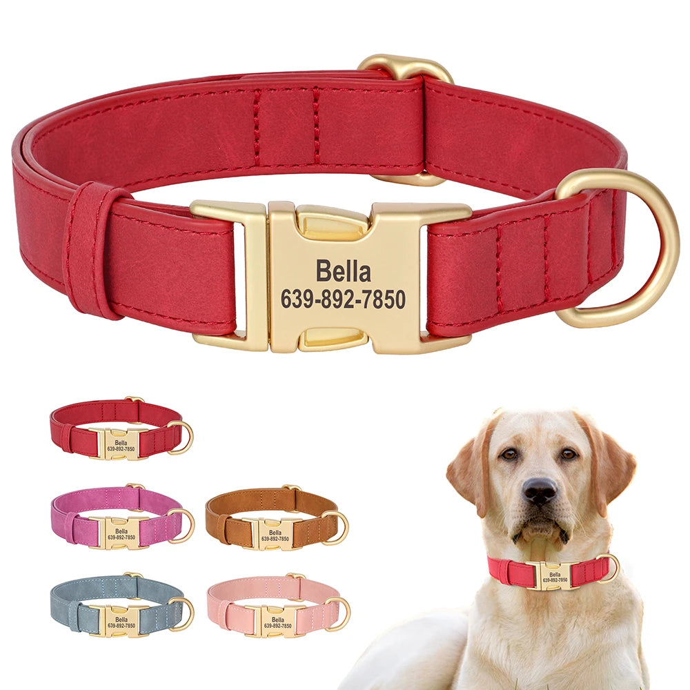 Custom Engraved PU Leather Dog Collar – Anti-Lost ID Tag Included