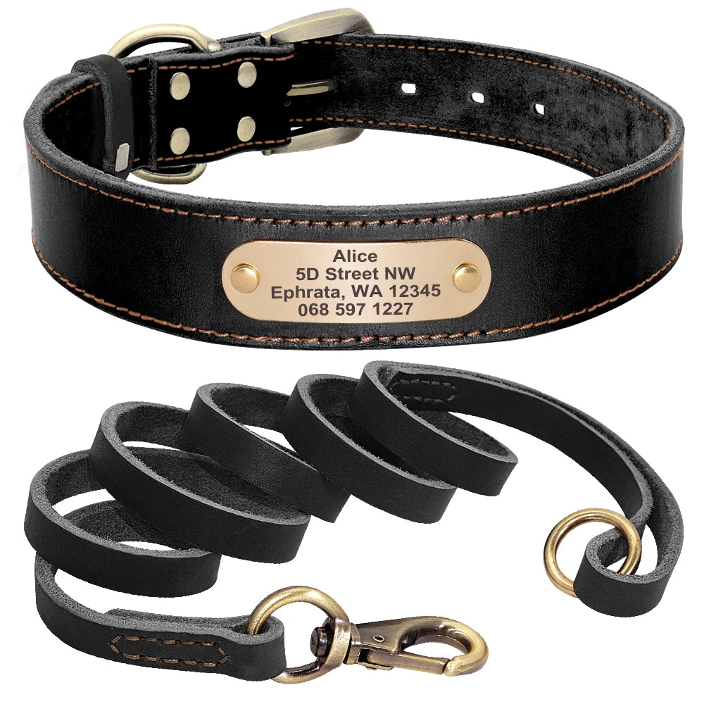 🦴 Custom Leather Dog Collar & Leash Set — Personalized for Safety & Style 🐾