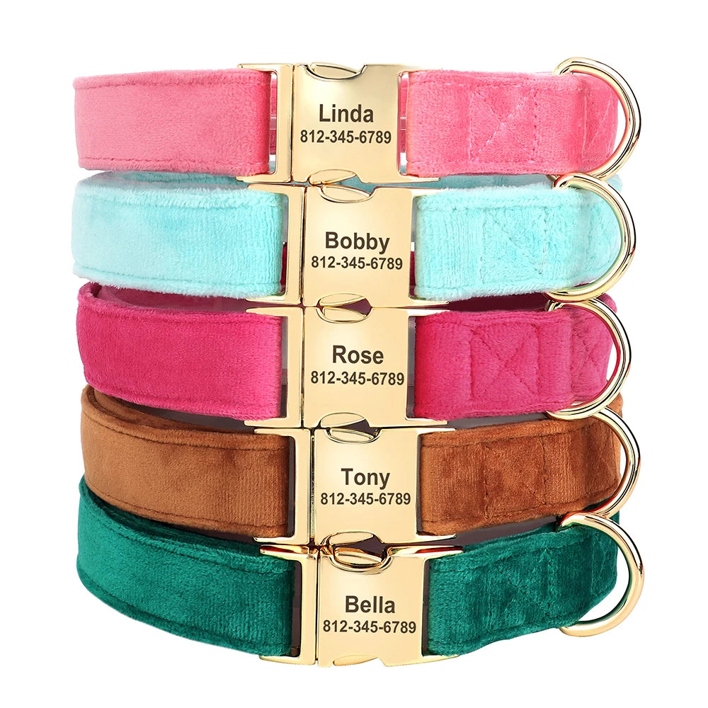 Custom Velvet Dog Collar – Personalized ID Tag – Adjustable for Small, Medium, and Large Dogs